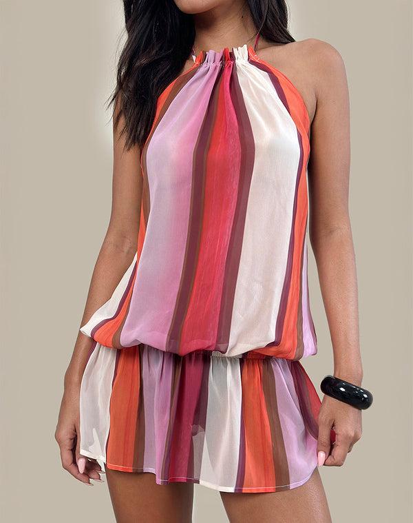 motel rocks Veloria Halterneck Mini Dress in Pink Sheer Chiffon Painted Stripe