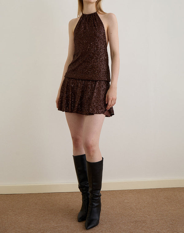 motel rocks Veloria Mini Dress in Drape Sequin Brown