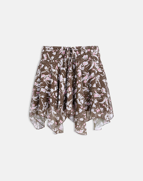 Motel Rocks Veny Mini Skirt In Brown And Pink Polka Flower Chiffon