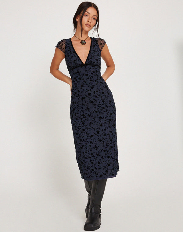 Motel Rocks Vilinia Midi Dress In Pretty Petal Flock Black