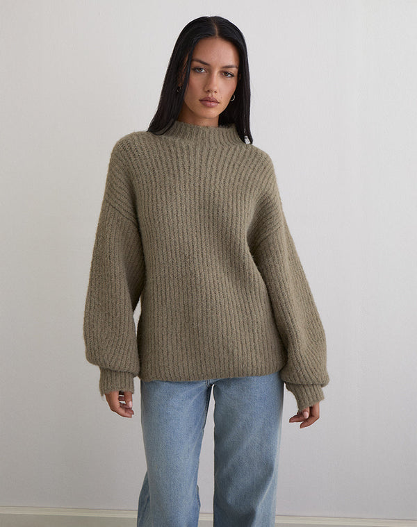 motel rocks Viola Oversized Knitted Jumper in Light Olive