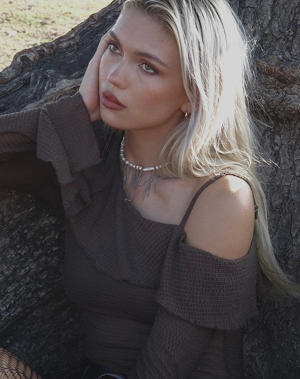 Motel Rocks Viserra Asymmetric Long Sleeve Top In Bubble Mesh Brown