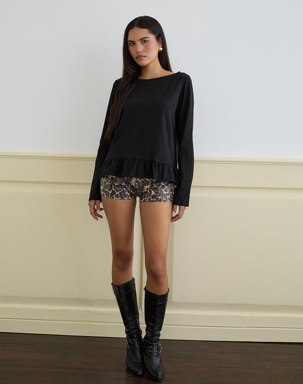 Motel Rocks Vivala Boxy Long Sleeve Top In Black With Frill Hem