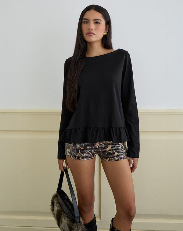 motel rocks Vivala Boxy Long Sleeve Top in Black with Frill Hem