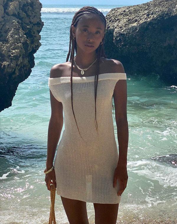 Motel Rocks Vivian Knitted Bardot Mini Dress In Ivory