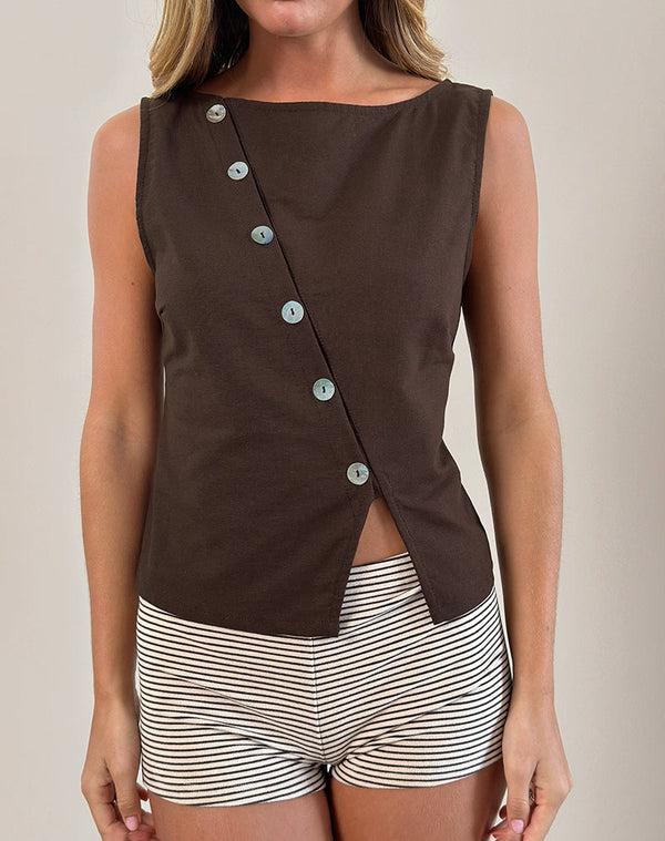 Motel Rocks Vonne Asymmetric Button Top In Chocolate Brown