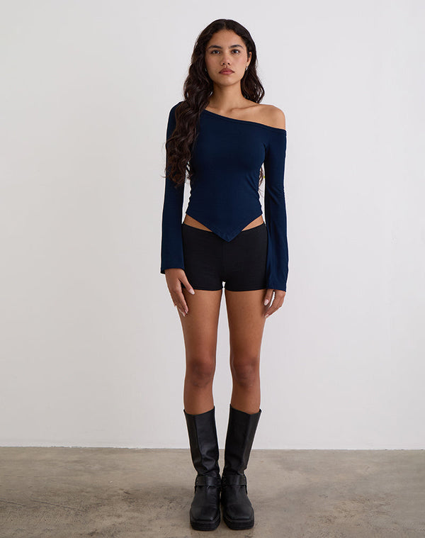 motel rocks Wakana Asymmetric Long Sleeve Top in Navy