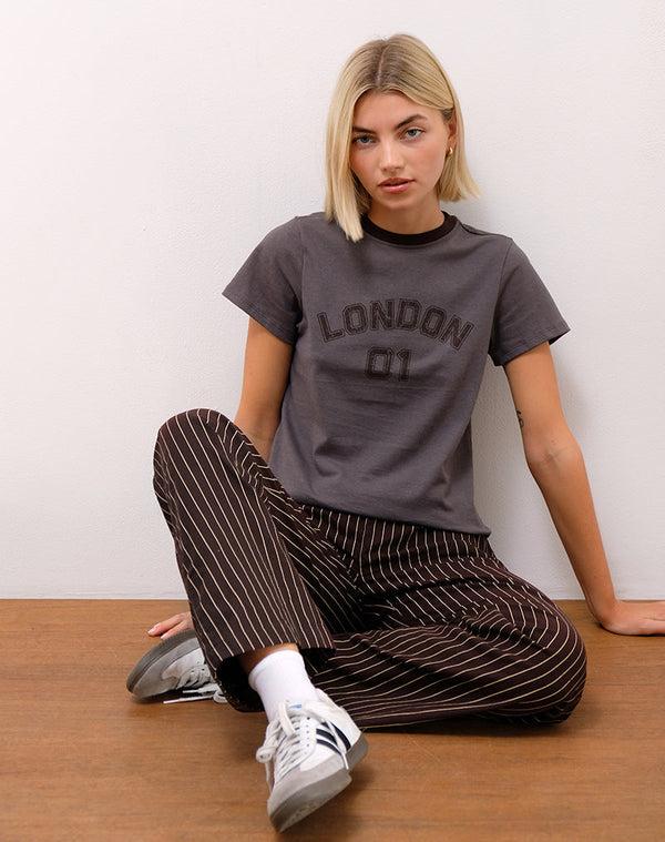 Motel Rocks Wasic Wide Leg Linen Trousers In Deep Mahogany Pencil Stripe