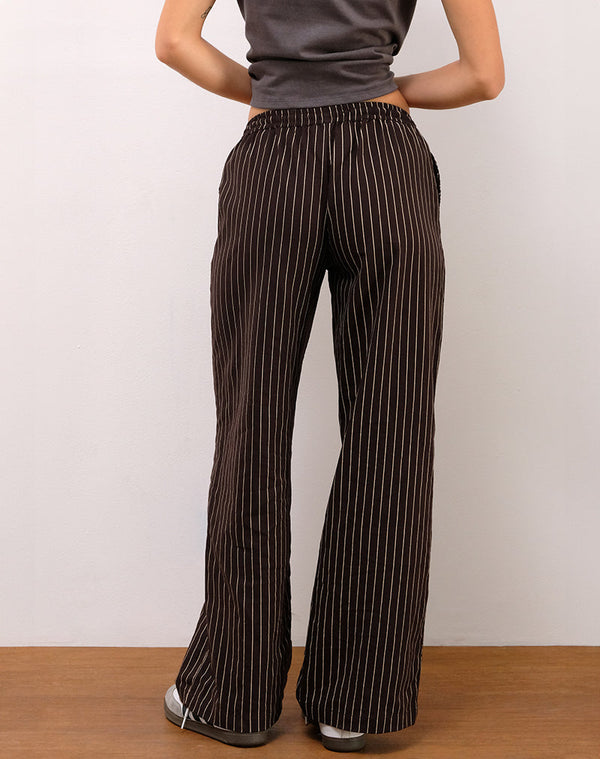 Motel Rocks Wasic Wide Leg Linen Trousers In Deep Mahogany Pencil Stripe