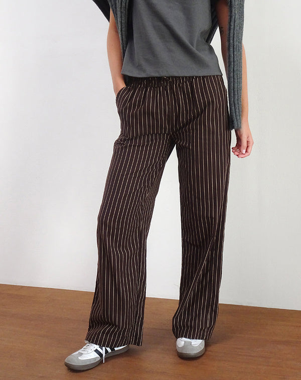 motel rocks Wasic Wide Leg Linen Trousers in Deep Mahogany Pencil Stripe