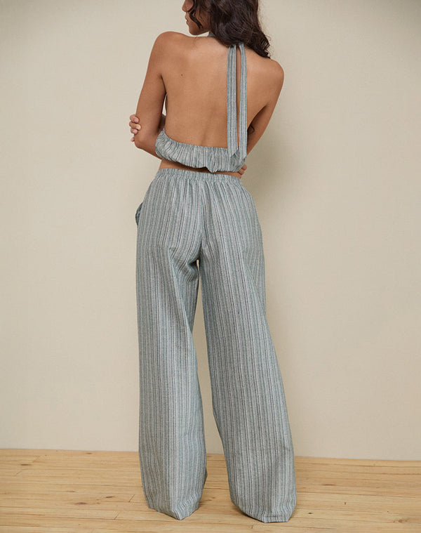 Motel Rocks Wasic Wide Leg Trouser In Green And White Stripe