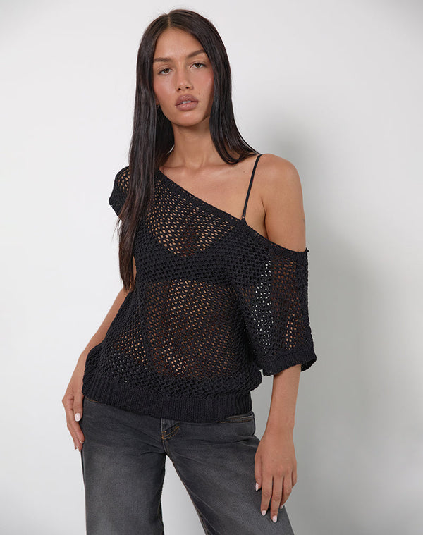 Motel Rocks Weavora Slash Neck Top In Open Knit Black