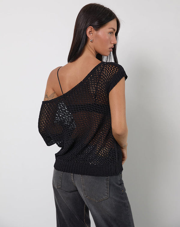 Motel Rocks Weavora Slash Neck Top In Open Knit Black