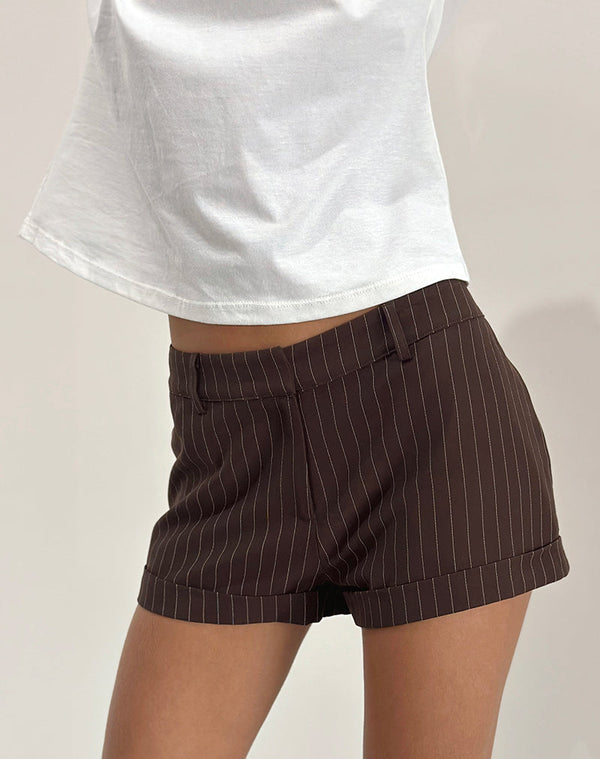 Motel Rocks Wiluta Shorts In Tailoring Dark Brown Pinstripe
