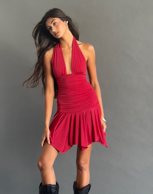 Motel Rocks Winslet Plunge Mini Dress In Slinky Red