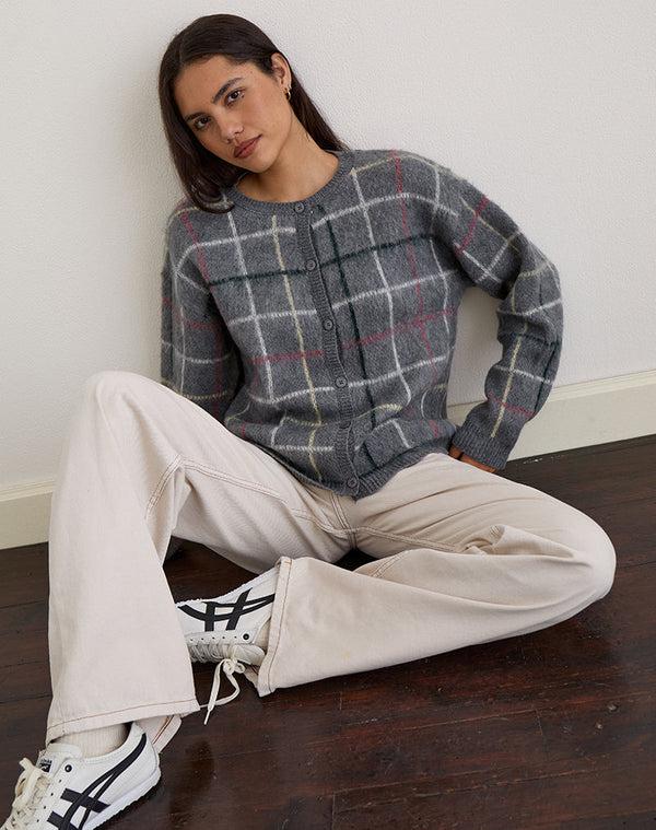 Motel Rocks Wisola Cardigan In Knit Country Check Grey
