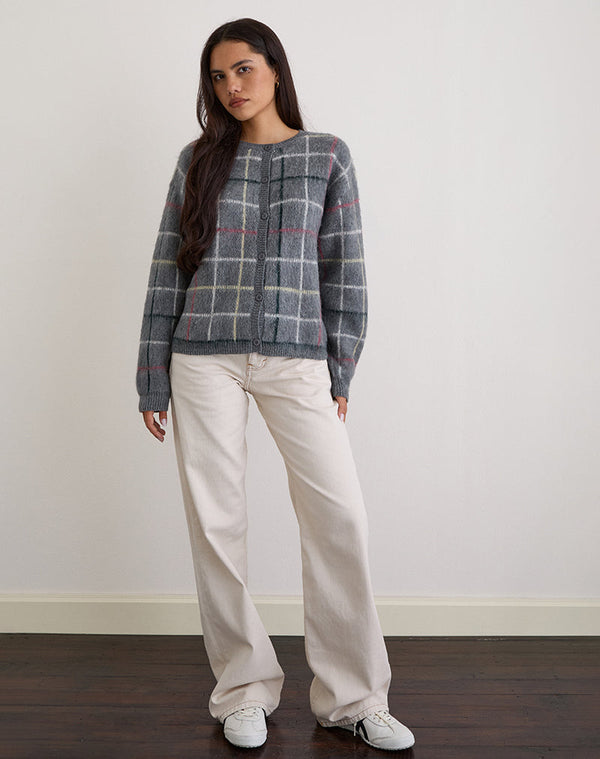 Motel Rocks Wisola Cardigan In Knit Country Check Grey