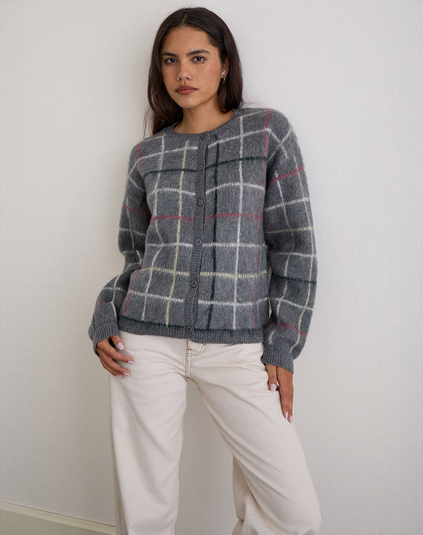 motel rocks Wisola Cardigan in Knit Country Check Grey