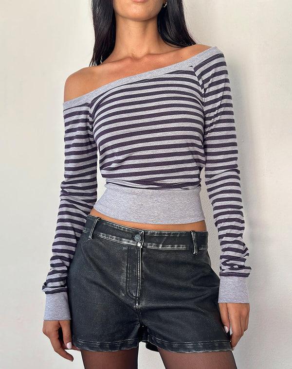 Motel Rocks Yacin Slouchy Top In Grey And Black Stripe