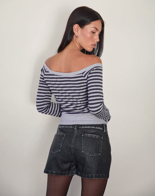 Motel Rocks Yacin Slouchy Top In Grey And Black Stripe