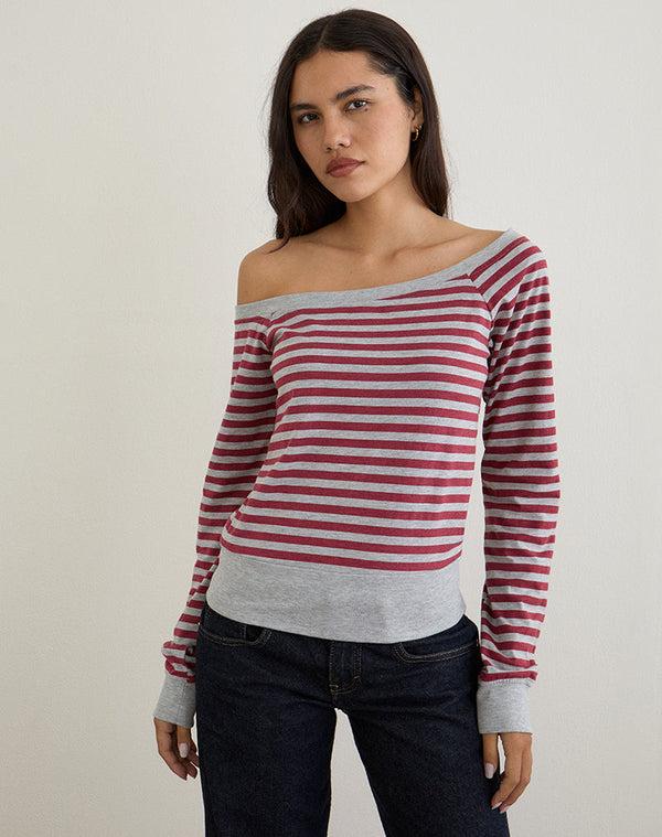 Motel Rocks Yacin Slouchy Top In Grey And Burgundy Stripe