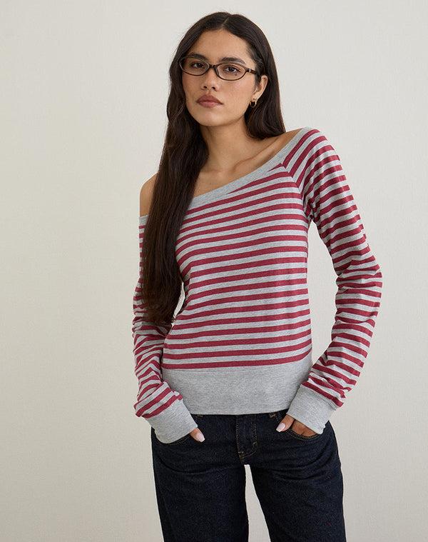 Motel Rocks Yacin Slouchy Top In Grey And Burgundy Stripe