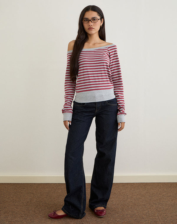 motel rocks Yacin Slouchy Top in Grey and Burgundy Stripe