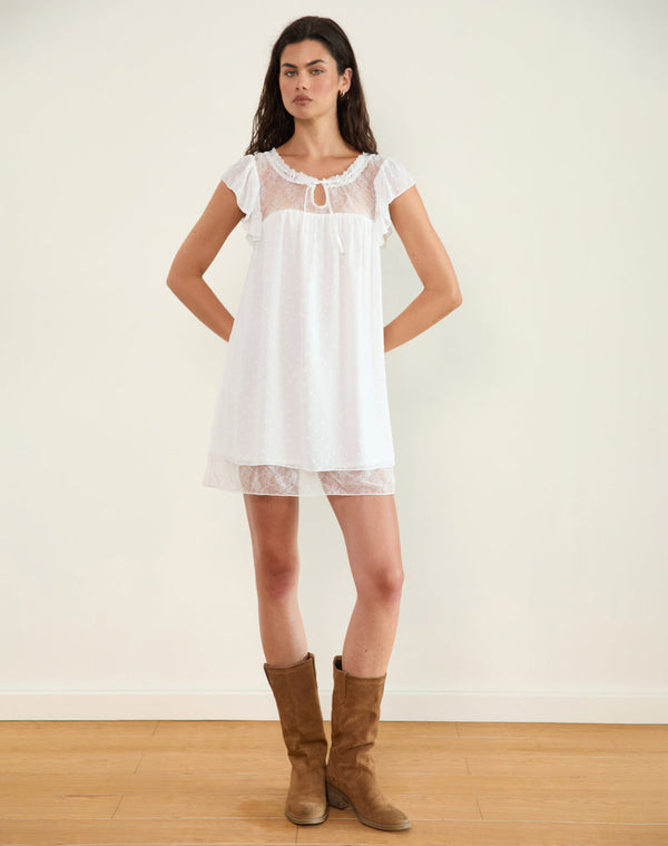 Motel Rocks Yagis Smock Mini Dress In Dobby Chiffon White Lace
