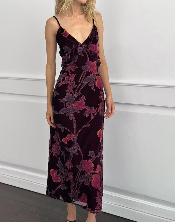 Motel Rocks Yamira Maxi Dress In Floral Devore Burgundy