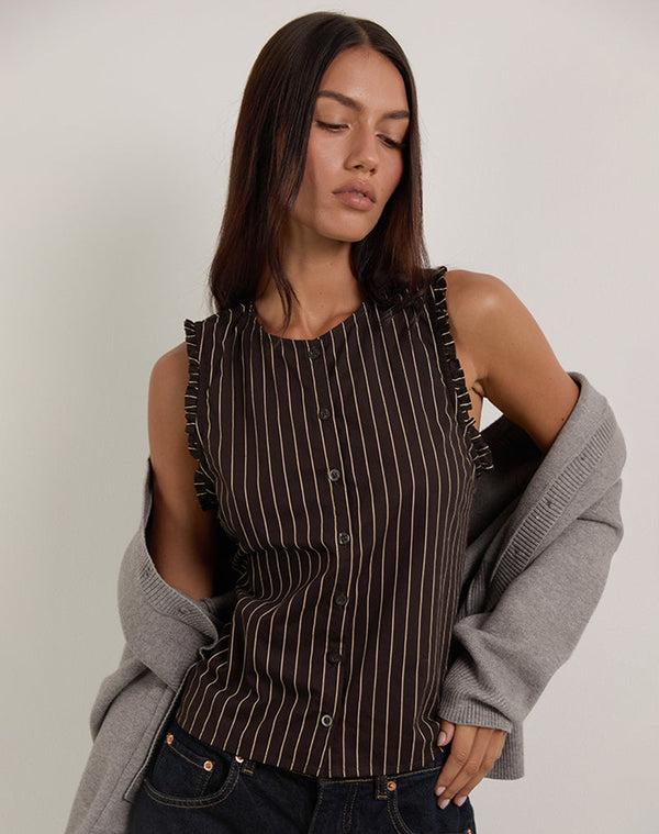 motel rocks Yarala Blouse in Mono Pinstripe Chocolate