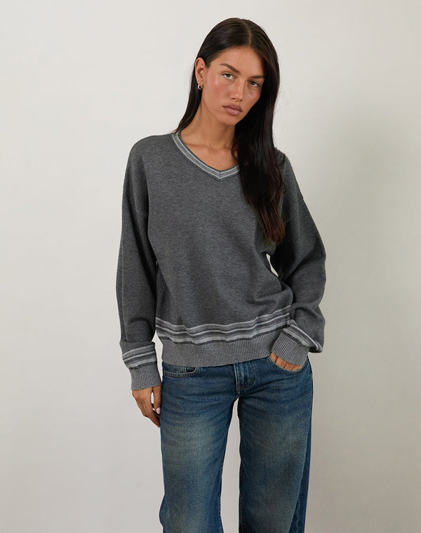motel rocks Yarnia Slouchy V Neck Jumper in Charcoal