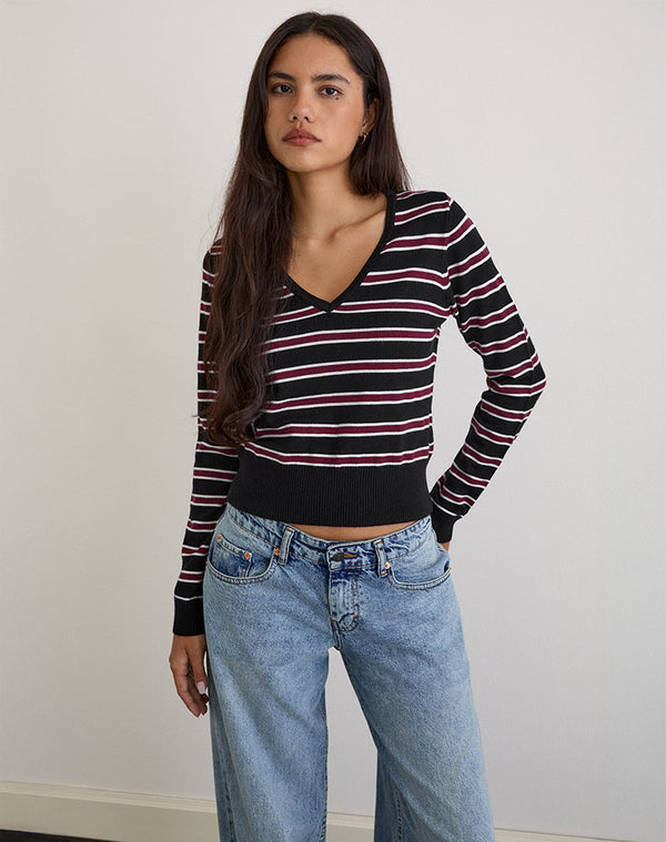 motel rocks Yasra Jumper in Stripe Knit Black Burgundy