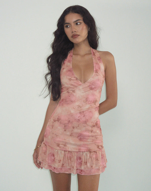 motel rocks Yoriko Halterneck Mini Dress in Smoky Floral Peach