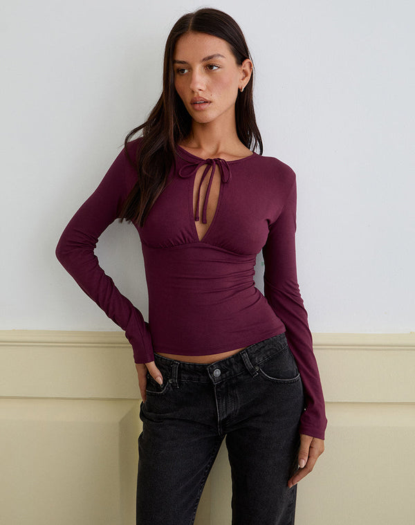 motel rocks Yubin Keyhole Long Sleeve Top in Deep Purple