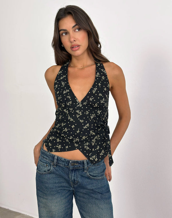 motel rocks Yung Halterneck Wrap Top in Floral Land Black
