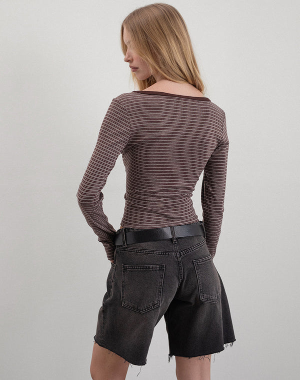 Motel Rocks Yusi Long Sleeve Top In Brown And Grey Stripe