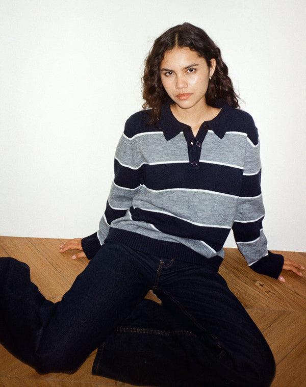Motel Rocks Yusnada Oversized Rugby Jumper In Navy And Grey Stripe