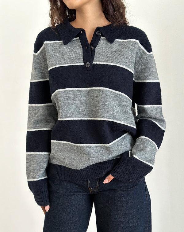 Motel Rocks Yusnada Oversized Rugby Jumper In Navy And Grey Stripe