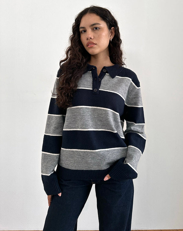 motel rocks Yusnada Oversized Rugby Jumper in Navy and Grey Stripe