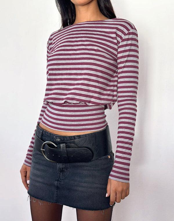 Motel Rocks Zahir Long Sleeve Top In Burgundy And Grey Stripe