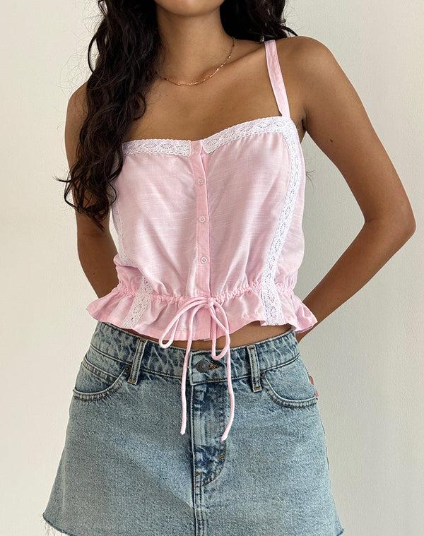 Motel Rocks Zaria Tie Front Top In Light Pink With White Trim