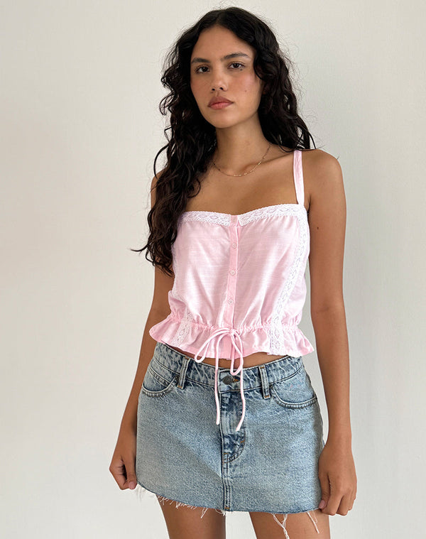 motel rocks Zaria Tie Front Top in Light Pink with White Trim