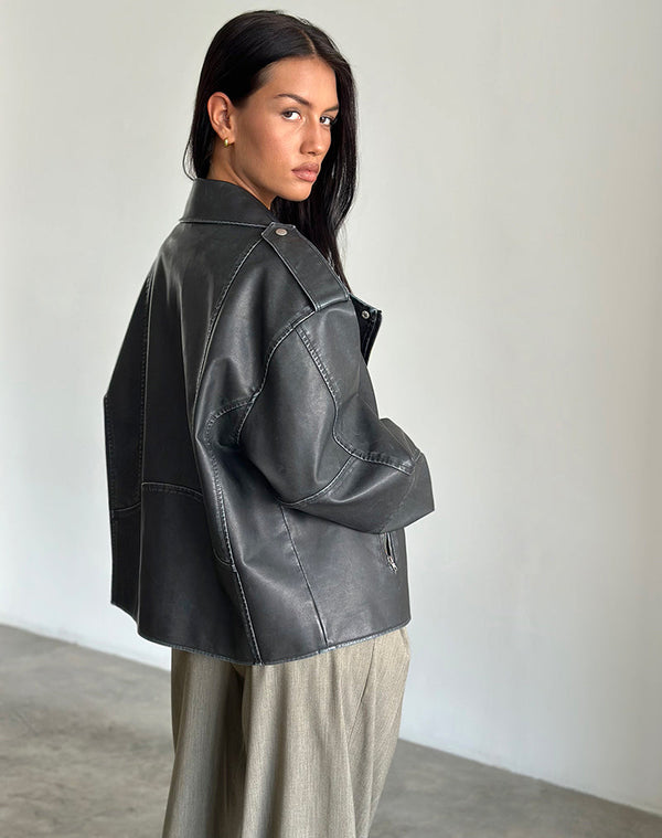 Motel Rocks Zebbie Distressed PU Biker Jacket In Black