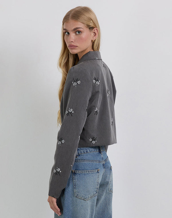 Motel Rocks Zedari Jacket In Floral Embroidery Tailoring Charcoal