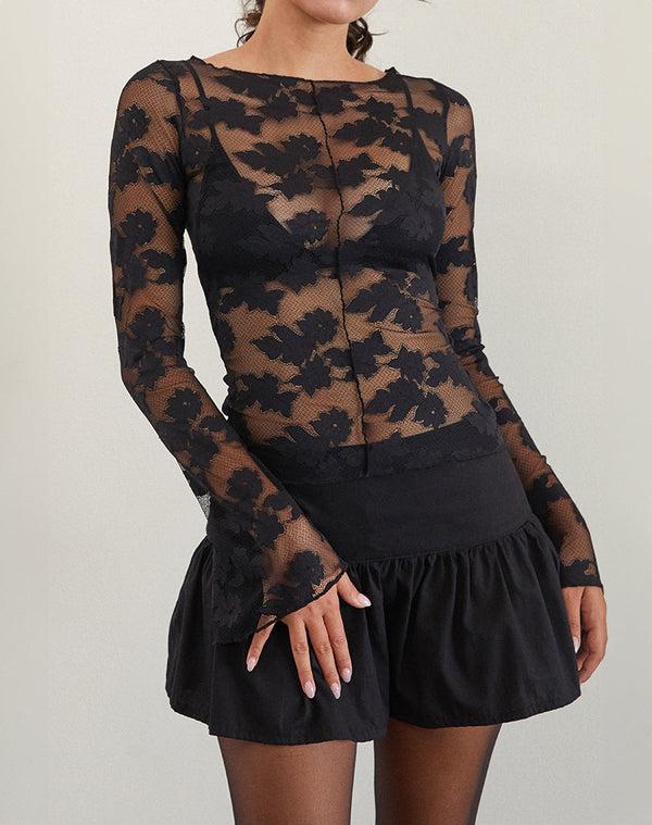 Motel Rocks Zerlin Unlined Long Sleeve Top In Lace Black