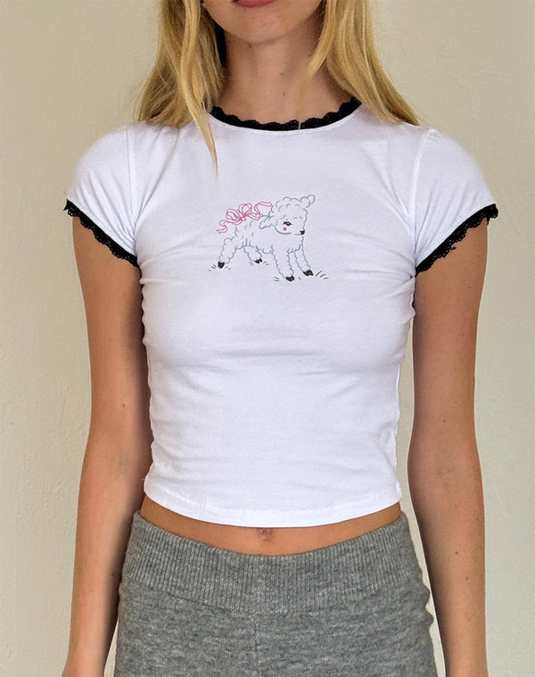 Motel Rocks Zyzy Baby Tee In White With Sheep Print