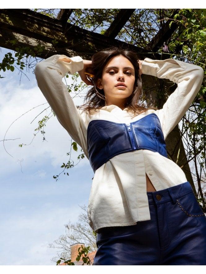 muubaa Muubaa Blue Cropped Zip Front Leather Bodice