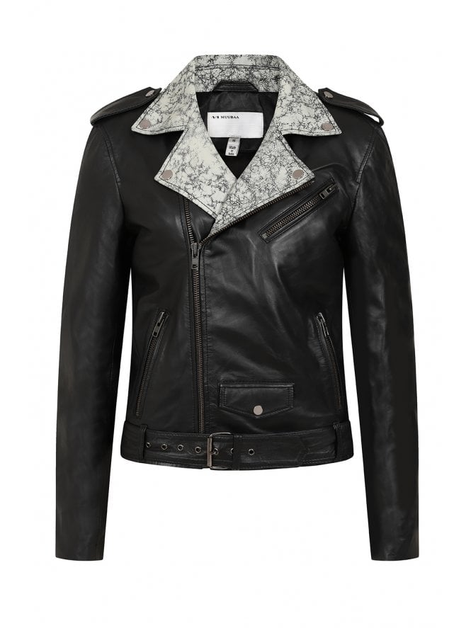 muubaa Muubaa Iggy Leather Belted Biker with Contrast Lapels