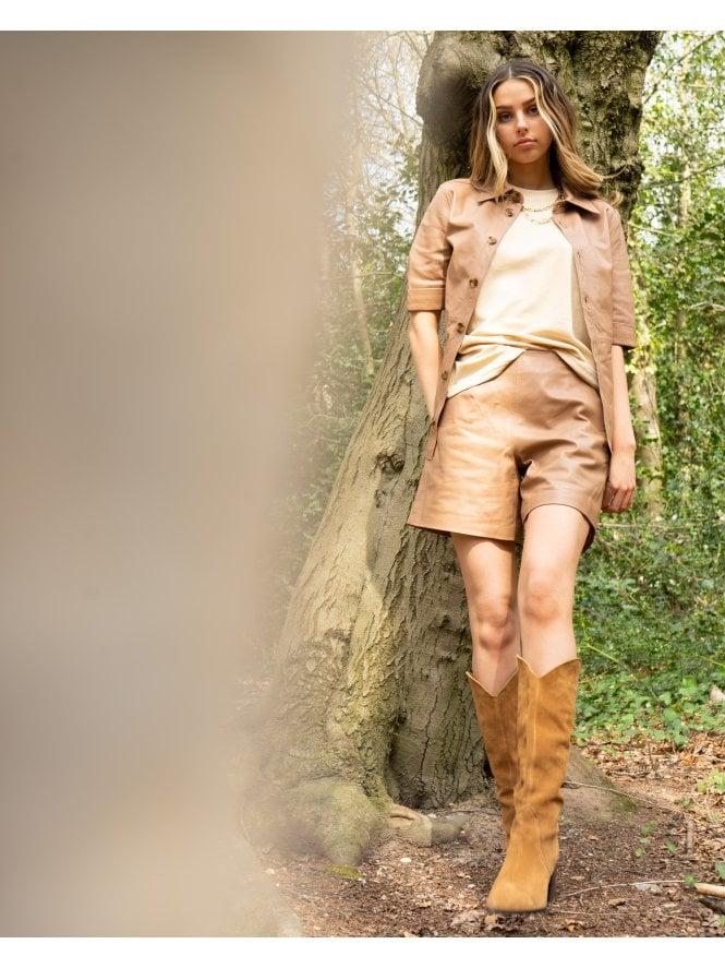 muubaa Muubaa Tan Flat Front Leather Shorts