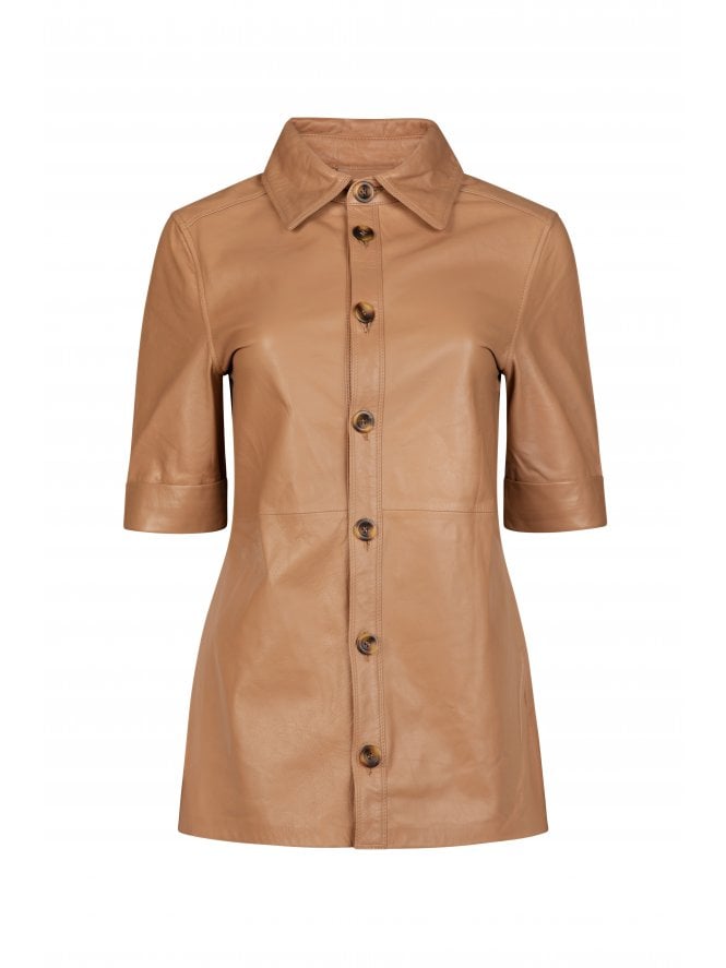 Muubaa Muubaa Tan Horn Button Fitted Leather Shirt
